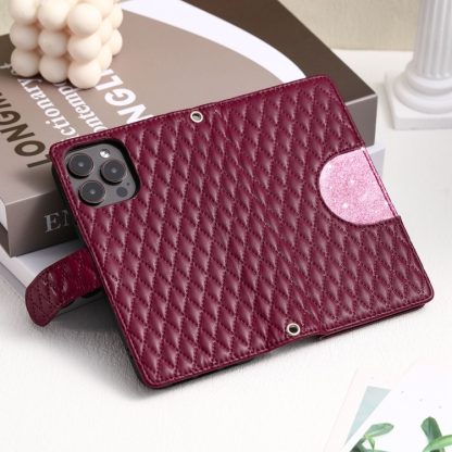 For iPhone 14 Pro Max Glitter Lattice Zipper Wallet Leather Phone Case(Wine Red) - Image 2