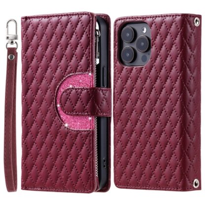 For iPhone 14 Pro Max Glitter Lattice Zipper Wallet Leather Phone Case(Wine Red) - Image 3