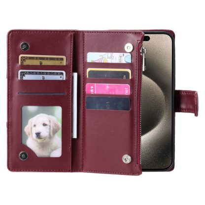 For iPhone 14 Pro Max Glitter Lattice Zipper Wallet Leather Phone Case(Wine Red) - Image 4