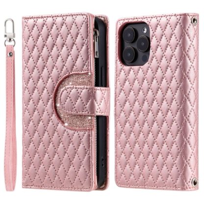 For iPhone 13 Pro Max Glitter Lattice Zipper Wallet Leather Phone Case(Rose Gold) - Image 3