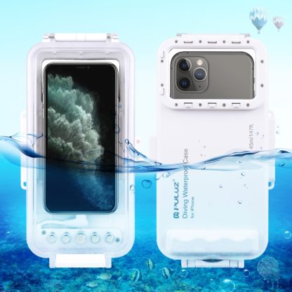 PULUZ 45m/147ft Waterproof Diving Case Photo Video Taking Underwater Housing Cover for iPhone 14 Series, iPhone 13 Series, iPhone 12 Series, iPhone 11 Series, iPhone X Series, iPhone 8 & 7, iPhone 6s, iOS 13.0 or Above Version iPhone(White)