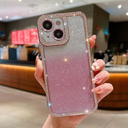 For iPhone 14 Diamond Gradient Glitter Plated TPU Phone Case(Pink)