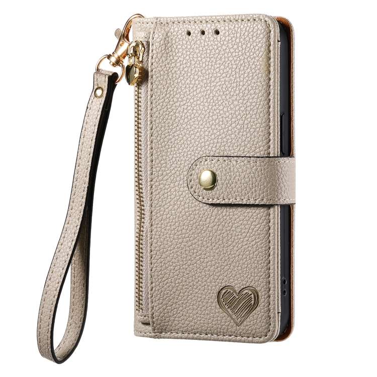 For iPhone 14 Love Zipper Lanyard Leather Phone Case(Gray) - Image 2