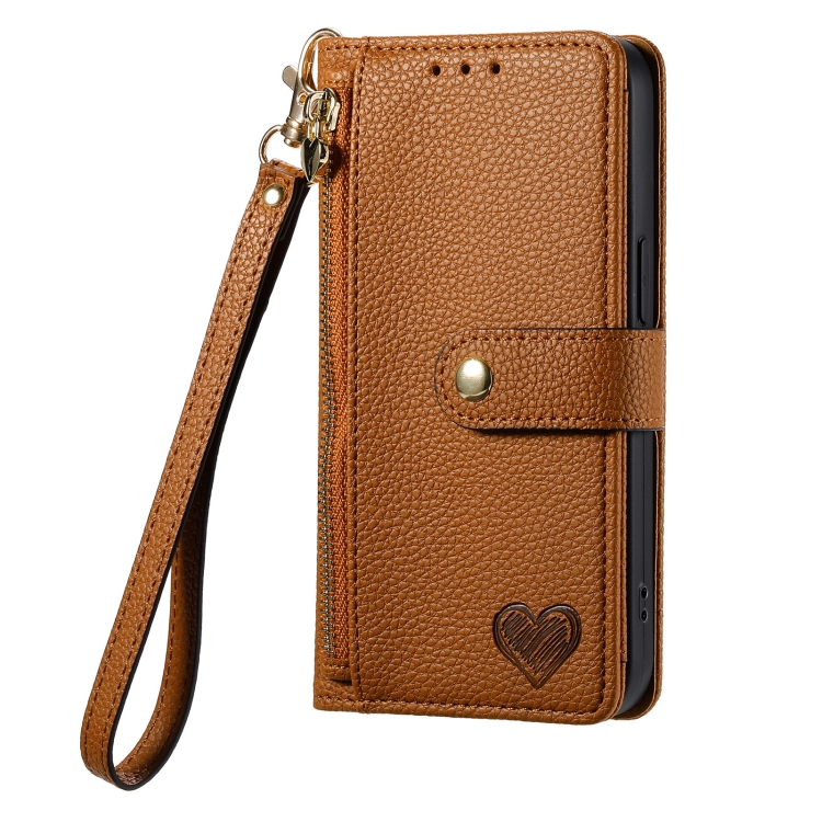For iPhone 14 Pro Max Love Zipper Lanyard Leather Phone Case(Brown) - Image 2