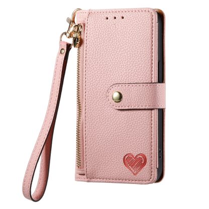 For iPhone 13 Pro Max Love Zipper Lanyard Leather Phone Case(Pink) - Image 2