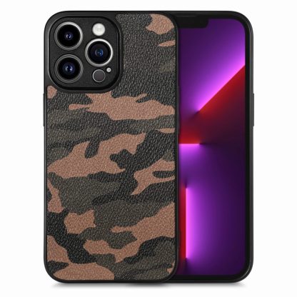 For iPhone 13 Pro Camouflage Leather Back Cover Phone Case(Brown)