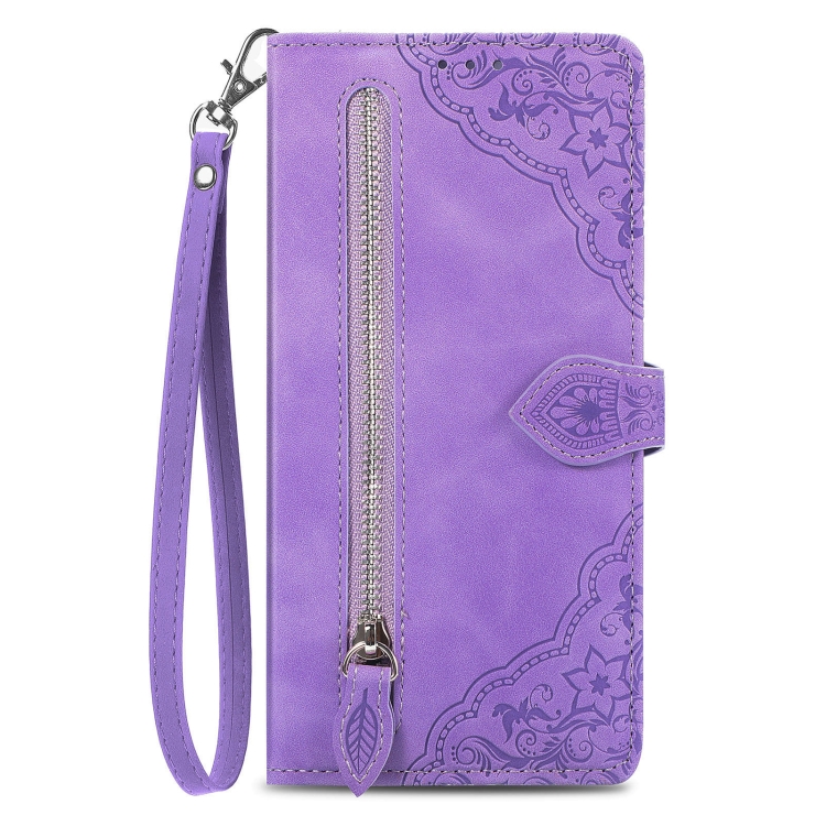 For iPhone 15 Embossed Flower Zipper Leather Phone Case(Purple) - Image 2
