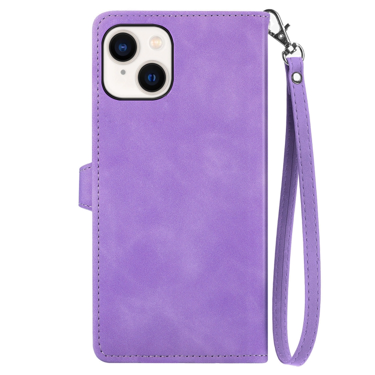 For iPhone 15 Embossed Flower Zipper Leather Phone Case(Purple) - Image 3