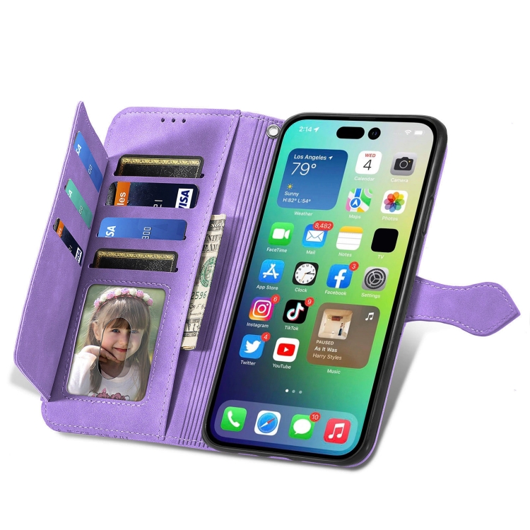 For iPhone 15 Embossed Flower Zipper Leather Phone Case(Purple) - Image 4