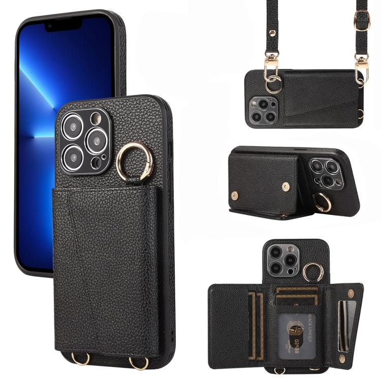 For iPhone 13 Pro Crossbody Ring Wallet Leather Back Cover Phone Case(Black)