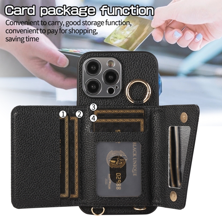 For iPhone 13 Pro Crossbody Ring Wallet Leather Back Cover Phone Case(Black) - Image 2