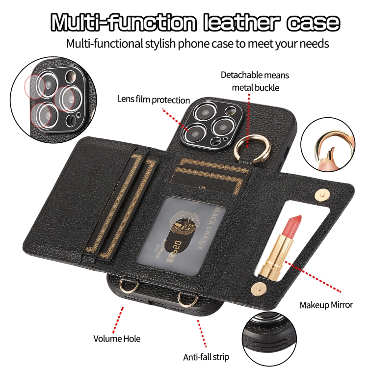 For iPhone 13 Pro Crossbody Ring Wallet Leather Back Cover Phone Case(Black) - Image 3
