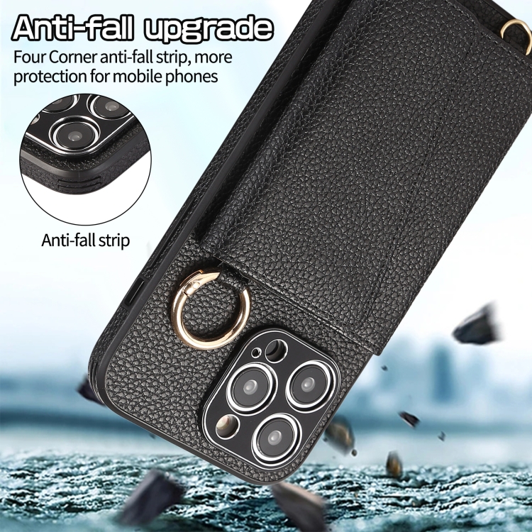 For iPhone 13 Pro Crossbody Ring Wallet Leather Back Cover Phone Case(Black) - Image 4