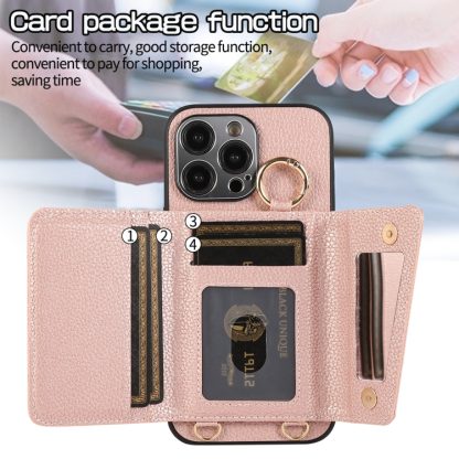 For iPhone 14 Pro Max Crossbody Ring Wallet Leather Back Cover Phone Case(Pink) - Image 2