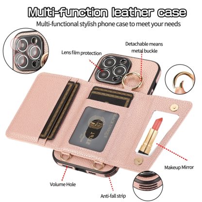 For iPhone 14 Pro Max Crossbody Ring Wallet Leather Back Cover Phone Case(Pink) - Image 3