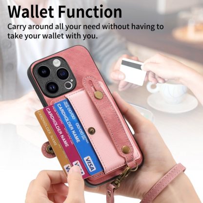 For iPhone 14 Pro Max Retro Cross Wristband Wallet Leather Back Phone Case(Pink) - Image 4