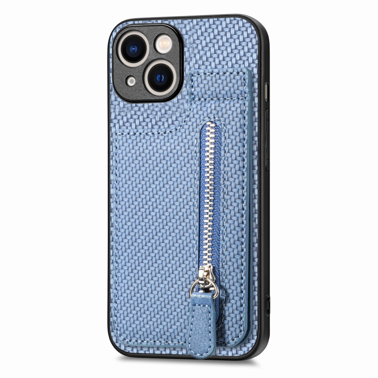 For iPhone 15 Carbon Fiber Vertical Flip Zipper Phone Case(Blue) - Image 2