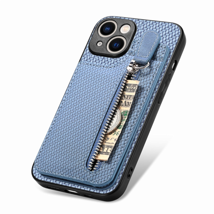 For iPhone 15 Carbon Fiber Vertical Flip Zipper Phone Case(Blue) - Image 4