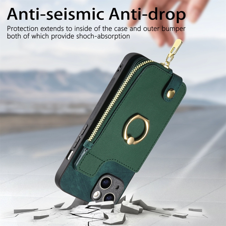 For iPhone 15 Cross Leather Ring Vertical Zipper Wallet Back Phone Case(Green) - Image 2