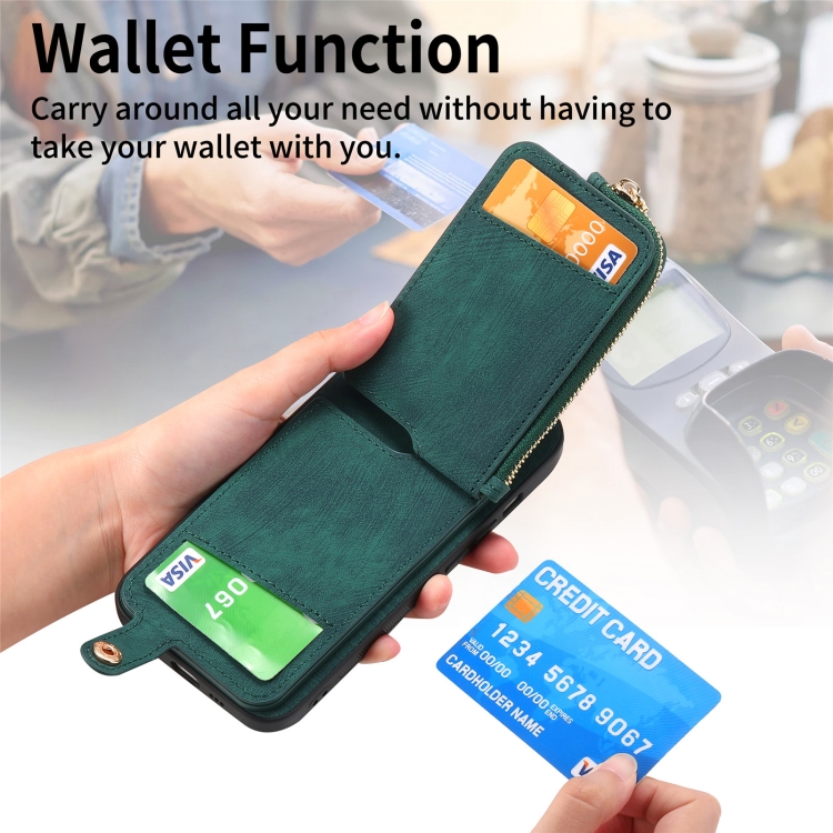 For iPhone 15 Cross Leather Ring Vertical Zipper Wallet Back Phone Case(Green) - Image 3