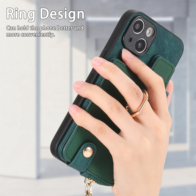 For iPhone 15 Cross Leather Ring Vertical Zipper Wallet Back Phone Case(Green) - Image 4