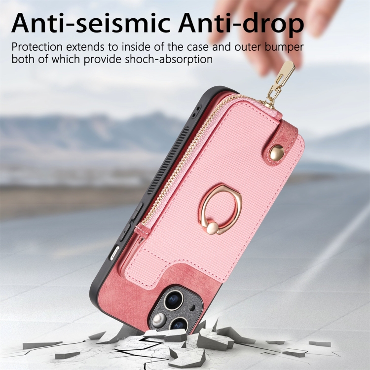 For iPhone 14 Plus Cross Leather Ring Vertical Zipper Wallet Back Phone Case(Pink) - Image 2