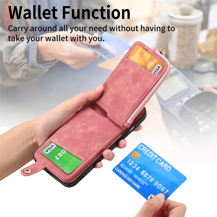 For iPhone 14 Plus Cross Leather Ring Vertical Zipper Wallet Back Phone Case(Pink) - Image 3