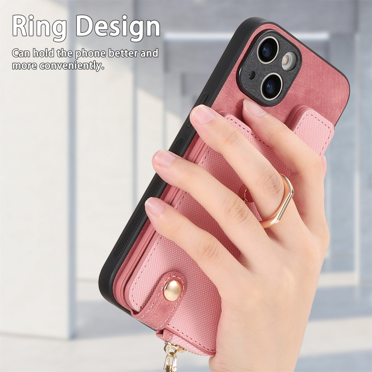 For iPhone 14 Plus Cross Leather Ring Vertical Zipper Wallet Back Phone Case(Pink) - Image 4