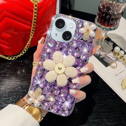 For iPhone 13 Sunflower Holder Hand-set Diamond PC Phone Case(Purple)