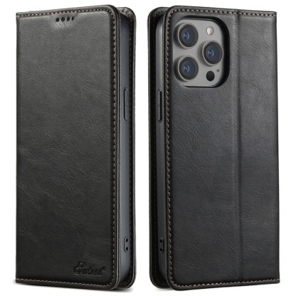 For iPhone 13 Pro Max Suteni J02 Oil Wax Wallet Leather Phone Case(Black)