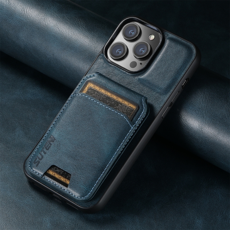 For iPhone 14 Suteni H02 Leather Wallet Stand Back Phone Case(Blue) - Image 2