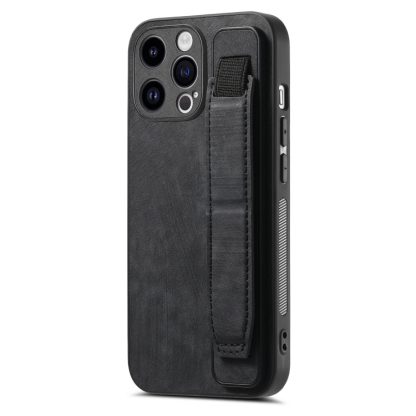 For iPhone 14 Pro Max Retro Wristband Holder Leather Back Phone Case(Black)