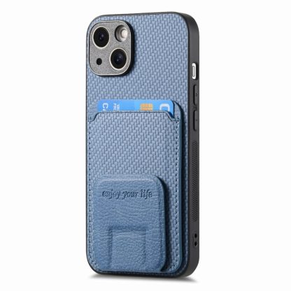 For iPhone 14 Carbon Fiber Card Bag Fold Stand Phone Case(Blue) - Image 2