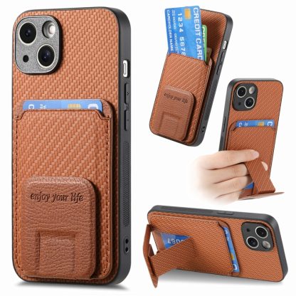 For iPhone 14 Plus Carbon Fiber Card Bag Fold Stand Phone Case(Brown)