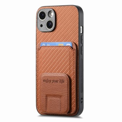 For iPhone 14 Plus Carbon Fiber Card Bag Fold Stand Phone Case(Brown) - Image 2