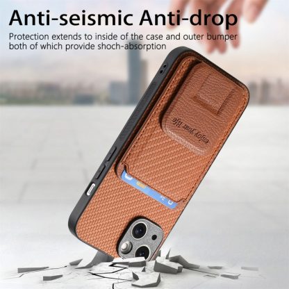 For iPhone 14 Plus Carbon Fiber Card Bag Fold Stand Phone Case(Brown) - Image 3