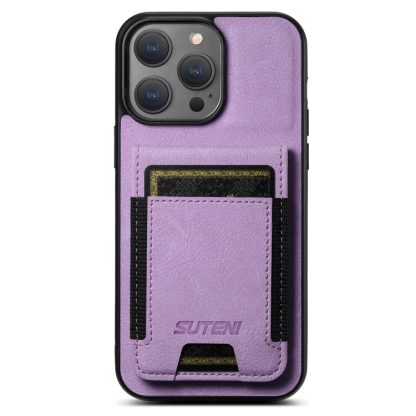 For iPhone 13 Pro Max Suteni H03 Litchi Leather Card Bag Stand Back Phone Case(Purple)