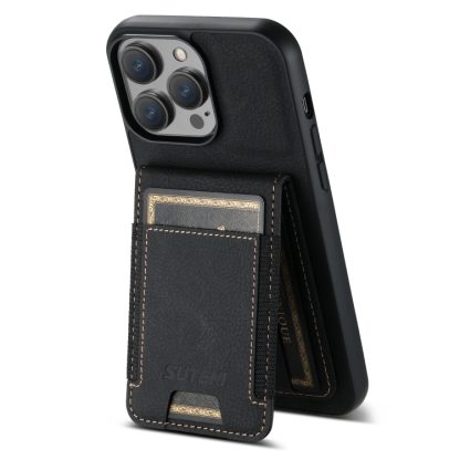 For iPhone 13 Suteni H03 Litchi Leather Card Bag Stand Back Phone Case(Black) - Image 3