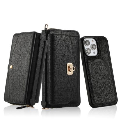 For iPhone 14 MagSafe Crossbody Multi-functional Zipper Wallet Litchi Leather Phone Case(Black) - Image 2