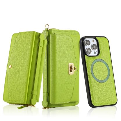 For iPhone 14 Pro Max MagSafe Crossbody Multi-functional Zipper Wallet Litchi Leather Phone Case(Green) - Image 2