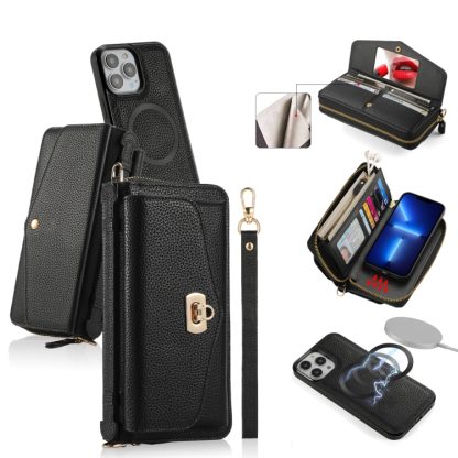 For iPhone 13 Pro Max MagSafe Crossbody Multi-functional Zipper Wallet Litchi Leather Phone Case(Black)