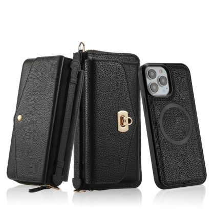 For iPhone 13 Pro MagSafe Crossbody Multi-functional Zipper Wallet Litchi Leather Phone Case(Black) - Image 2