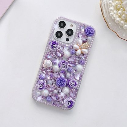 For iPhone 13 Pro Rose Hand-set Diamond PC Phone Case(Purple)