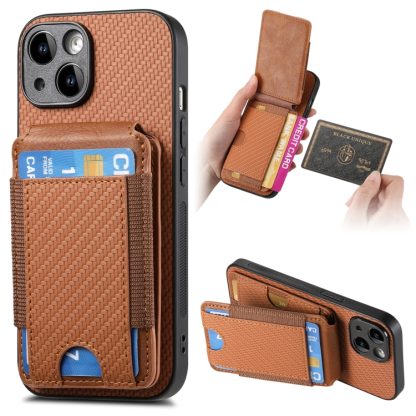 For iPhone 14 Carbon Fiber Vertical Flip Wallet Stand Phone Case(Brown)