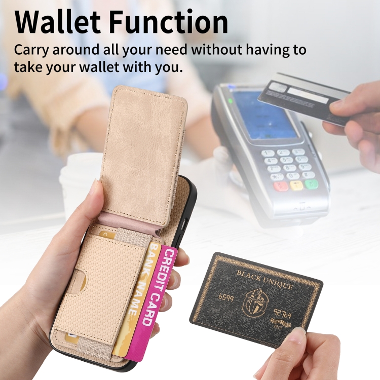 For iPhone 14 Pro Carbon Fiber Vertical Flip Wallet Stand Phone Case(Khaki) - Image 4