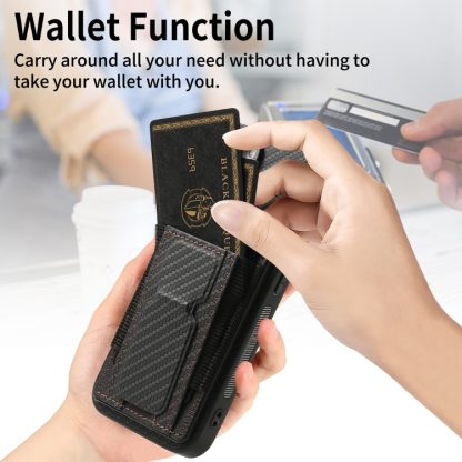 For iPhone 13 Pro Carbon Fiber Fold Stand Elastic Card Bag Phone Case(Black) - Image 4