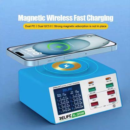 RELIFE RL-309AW  QC3.0 PD Fast Wireless Charger With LCD Display 8 Ports(US Plug) - Image 2