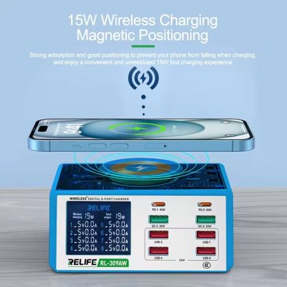 RELIFE RL-309AW  QC3.0 PD Fast Wireless Charger With LCD Display 8 Ports(US Plug) - Image 3