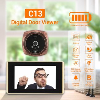 C13 HD 1080P Visionneuse de porte Camera video Judas Moniteur 4,3 "PIR Detection de capteur de moton Sonnette numerique Sonnette Vision nocturne Video-oeil Securite Enregistrement vocal HD 1080P