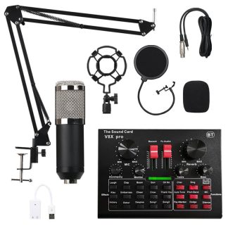 Microphone e condensateur avec support d'enregistrement de carte son Studio en direct Kit de micro support de fleche pour diffusion en direct K Song - Or noir